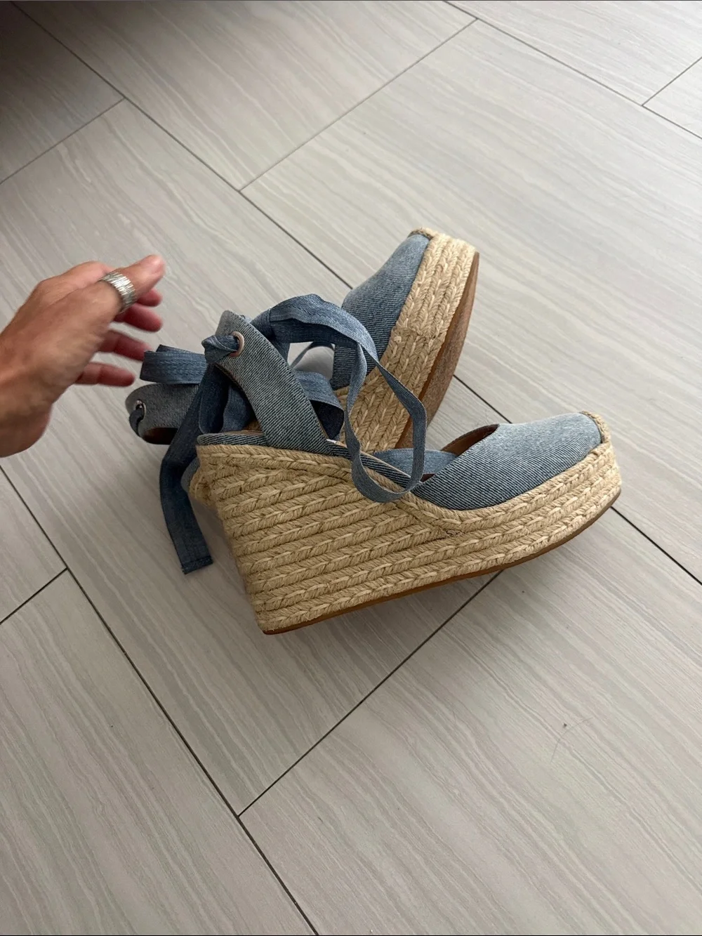 Steve Madden Denim Espadrille Wedge Sandals with Wrap Ties